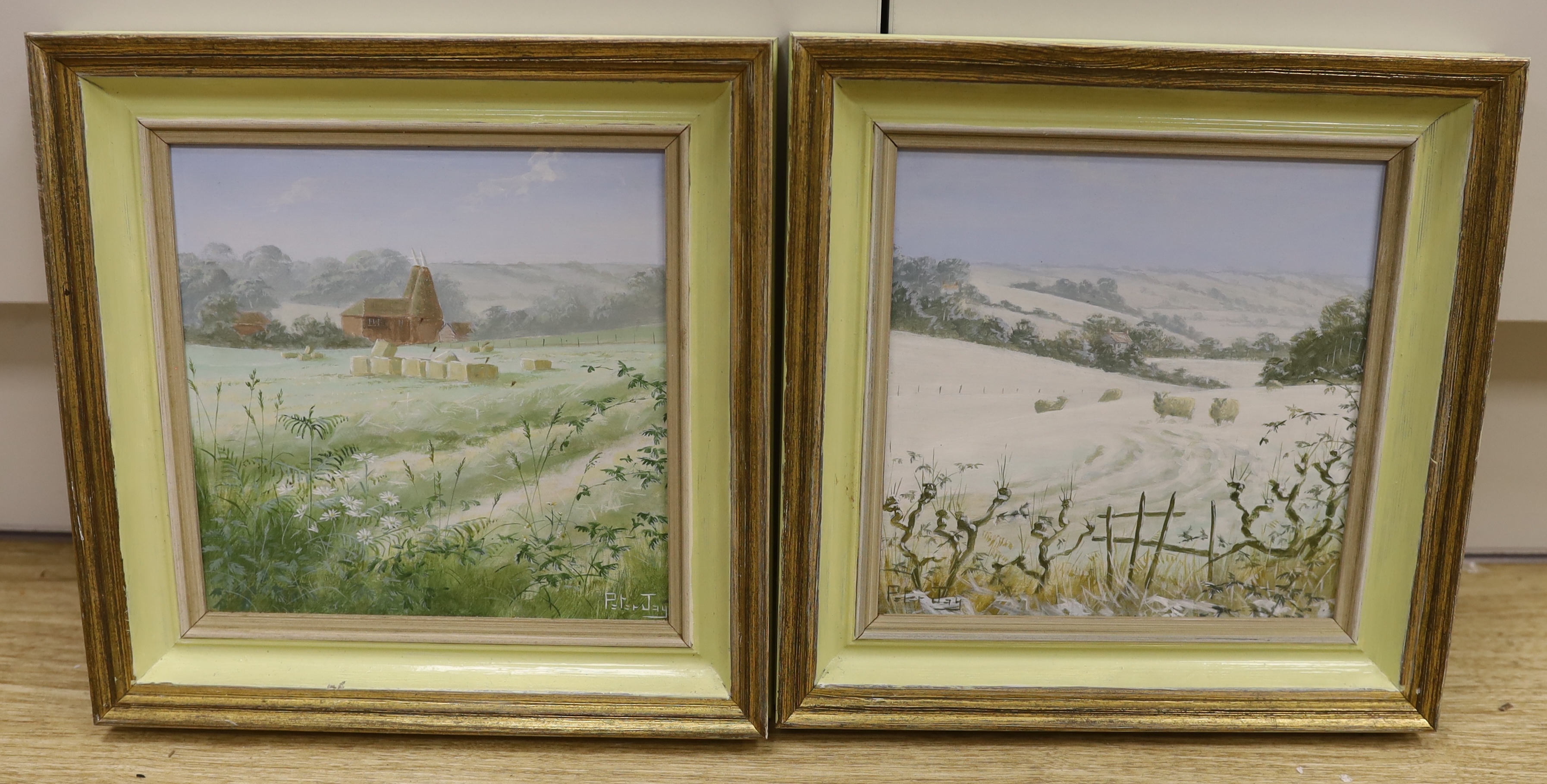 Peter Jay (b.1936), two oils on board, 'Winter sheep' and 'Peasmarsh, Rye', signed, 19 x 19cm